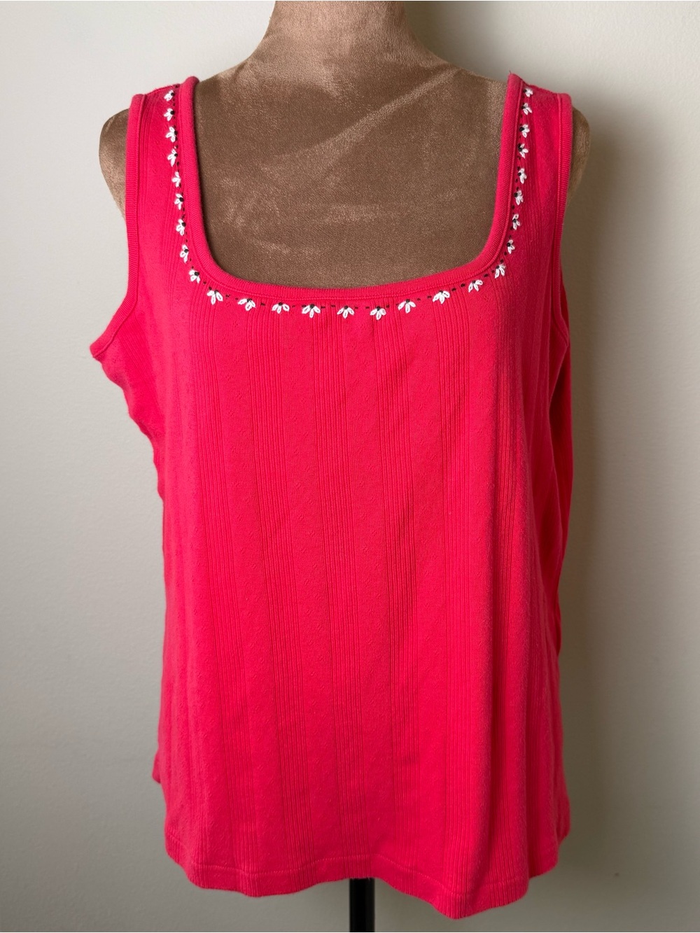 Vintage Embroidered Pointelle Tank Top Womens XL Red David Brooks 90s Y2K